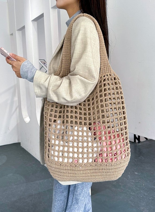 ENBEI Women's Foldable Beach Tote, Washable Lightweight Beach Bag, Large Handmade Eco-Friendly Knit Shoulder Purse for Travel/Shopping/Gifts, Durable Handwoven Reusable Grocery Bag - Image 5